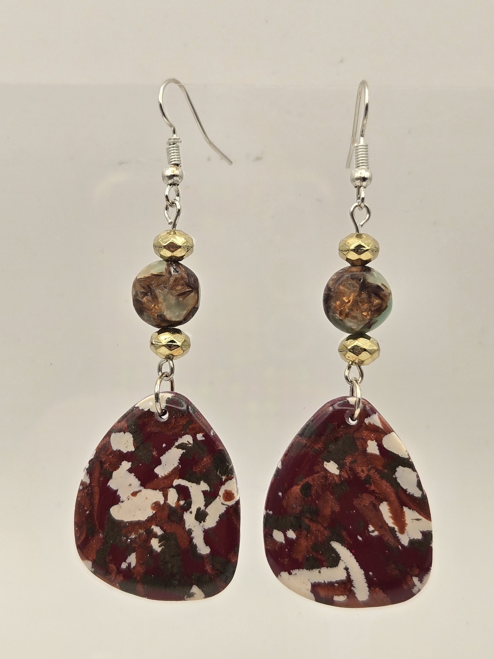 #B151- Burgundy & Gold Dangle Earrings with Abstract Pattern - Imperial Jasper